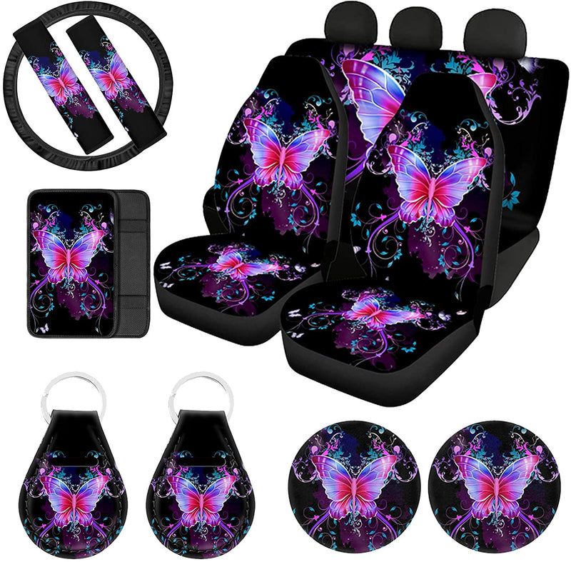 Crystal Butterfly Floral Seat Covers Full Set Car Front Rear Seat Covers,Steering Wheel Cover+ Seat Belt Covers+Car Coasters+ Keychains,Console Armrest Cushion,Car Accessories