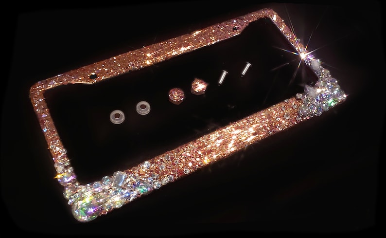 Bling license plate frame Rose gold big crystals and glitter clear made in usa handmade diamond rhinestone holder screw caps copper metalic