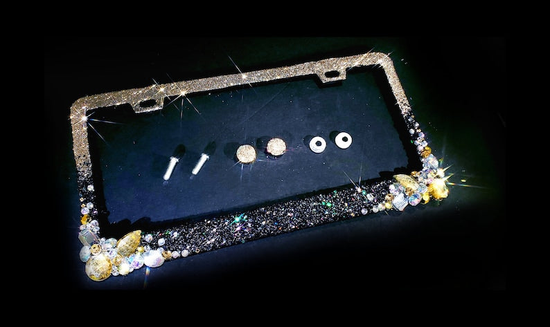 Ombre Bling license plate frame black and gold big crystals and glitter clear made in usa handmade diamond rhinestone holder screw caps