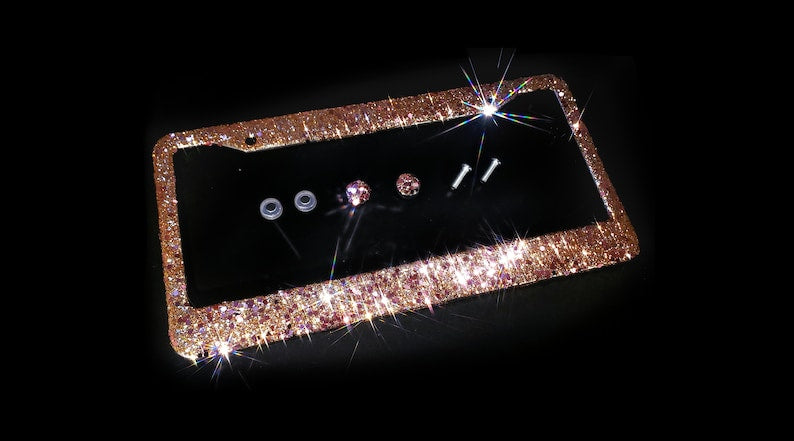 Dazzling Bling license plate frame rose gold big glitter clear made in usa handmade diamond rhinestone holder screw caps number plate