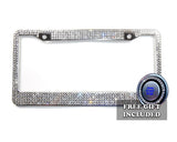 Bling License Plate Frame, 5 mm Glass Crystal Rhinestones + Screw Cap Covers + FREE Bling Ring Button Emblem, Women Car Accessories Gift
