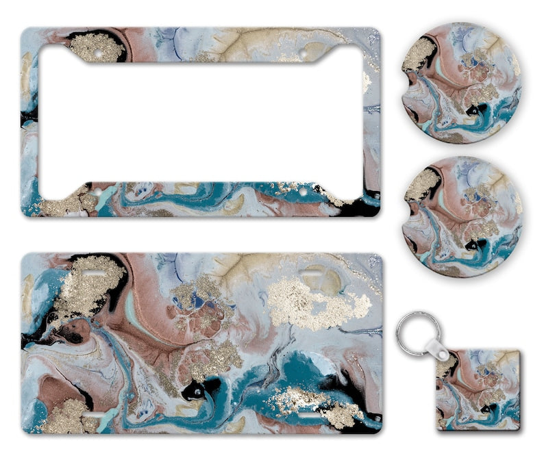 Muted Blue Gold Pour Painting Pattern Print Marble Modern Swirl Artistic Gemstone Auto License Plate Frame Car Coaster Key Chain AP0003