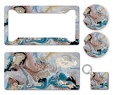 Muted Blue Gold Pour Painting Pattern Print Marble Modern Swirl Artistic Gemstone Auto License Plate Frame Car Coaster Key Chain AP0003