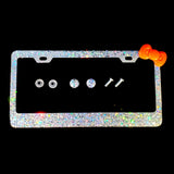 Dazzling Bling license plate frame with big chunky silver glitter & orange kitty bow clear diamond holder screw caps bedazzled hello