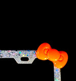 Dazzling Bling license plate frame with big chunky silver glitter & orange kitty bow clear diamond holder screw caps bedazzled hello