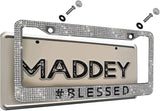 Blessed Premium Glass Rhinestone License Plate Frame Set (2 Pack) | Sparkly & Cute Diamond License Plate Covers | Stainless Steel | US Size