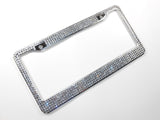 Bling License Plate Frame, 5 mm Glass Crystal Rhinestones + Screw Cap Covers + FREE Bling Ring Button Emblem, Women Car Accessories Gift