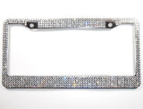 Bling License Plate Frame, 5 mm Glass Crystal Rhinestones + Screw Cap Covers + FREE Bling Ring Button Emblem, Women Car Accessories Gift